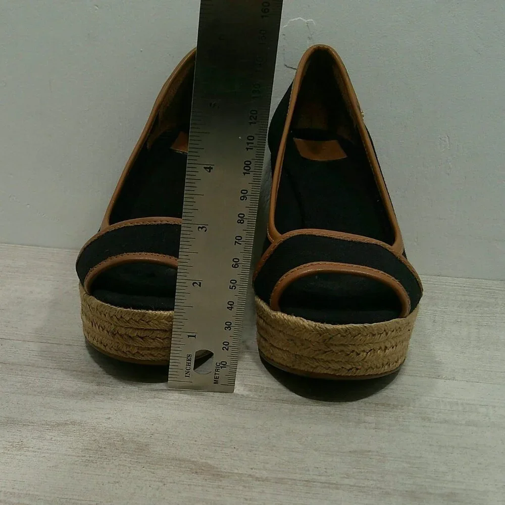 Tory Burch Old Money Black & Tan Majorca Peep Toe Wedge Espadrille Size 38 1/2